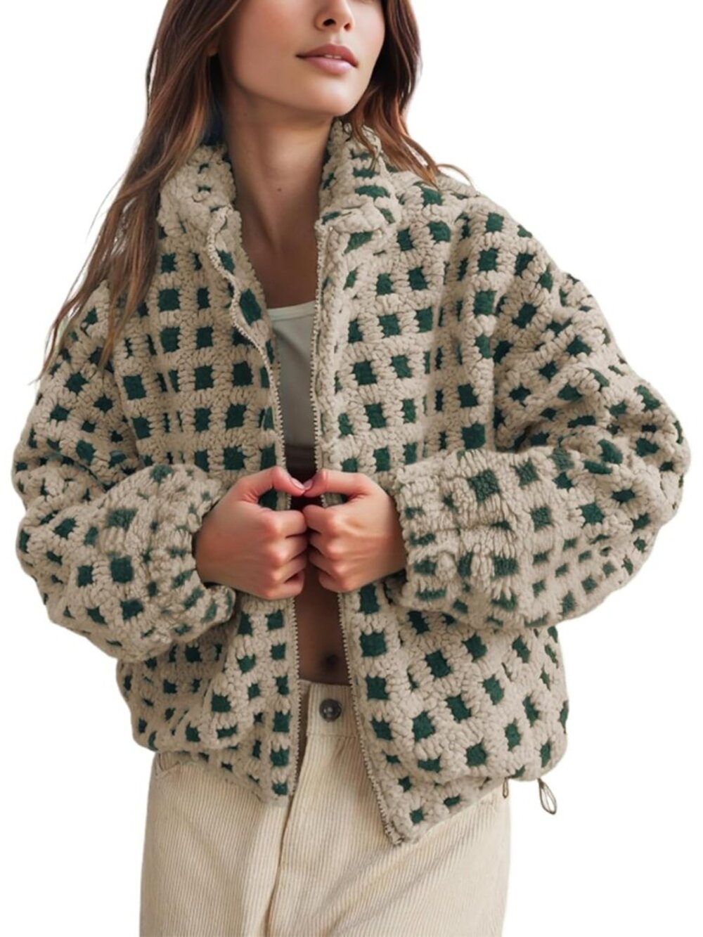 Women's Green Long Sleeve Fuzzy ZIP Up Warm Coat Pockets Sherpa Fleece Jacket